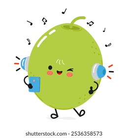 Green olive escucha música en los auriculares con un smartphone. Icono de ilustración de personaje kawaii de dibujos animados dibujado a mano de Vector. Carácter lindo de la fruta verde que disfruta de la música en un smartphone