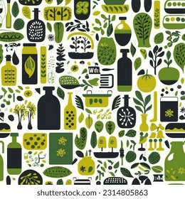 Green Olive Mint Color Abstract Scandinavian Design Seamless Pattern: Kitchen Gadgets and Gardening Tools
