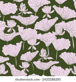 Patrón botánico monocromo de oliva verde con motivos dibujados a mano. Diseño de patrones sin fisuras vectoriales para textiles, moda, papel, embalaje, embalaje y marca
