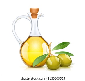 Green olive oil bottle with cork. Glass jug for liquid ingredient. Oils capacity. Product for cooking. Isolated white background. EPS10 vector illustration.