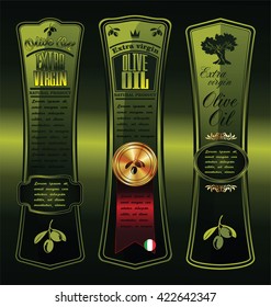 Green olive oil labels on dark green background