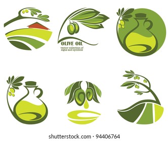 oliva verde, aceite y paisajes, colección vectorial de signos y símbolos