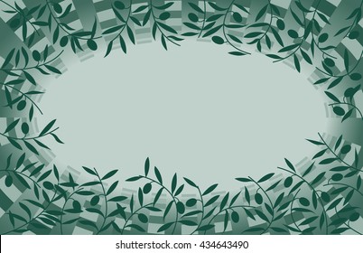 Green Olive on the Branch Frame, One Spot Color Vector Illustration.