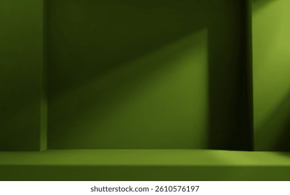 Green olive room studio with table top and natural light. Product presentation template.
