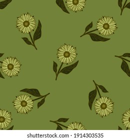 Green olive seamless pattern with contoured outline sunflowers silhouettes. Pale palette spring artwork. Graphic design for wrapping paper and fabric textures. Vector Illustration.