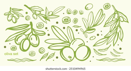 Colección de elemento de boceto de oliva verde, ramas de olivo aisladas sobre un fondo blanco y verde, oscuro, hojas, aceitunas, Vector dibujado a mano conjunto.	