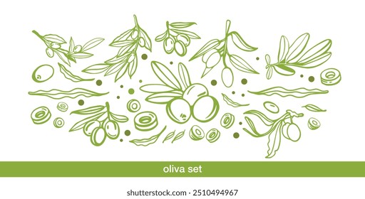 Coleção de elementos de esboço de azeitona verde, ramos de azeitona isolados em um branco e verde, fundo escuro, folhas, azeitonas, conjunto desenhado à mão vetor.	