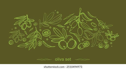 Green olive sketch element collection, olive branches isolated on a white and green, dark background, leaves, olives, vector hand drawn set.	