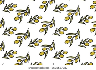 Green olive tree branches pattern in doodle style Hand drawn ornament for natural organic cosmetics design
