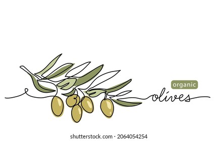 Green olives art vector drawing. One continuous line art with lettering organic green olives.