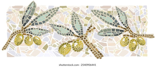 Green olives banner mosaic, free hand draw. Vector, isolated, wonderful pastel colors.