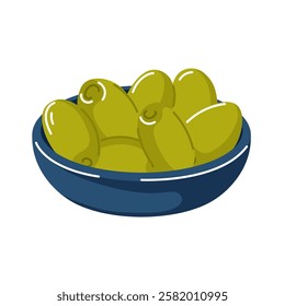 Green olives in a blue bowl in cartoon style. Vector illustration isolated on white background.