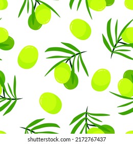 Green olives branch cartoon seamless pattern, vector illustration isolated on white background. Colorful fresh organic healthy olive oil concept. Logo branding design element. Fabric print template.