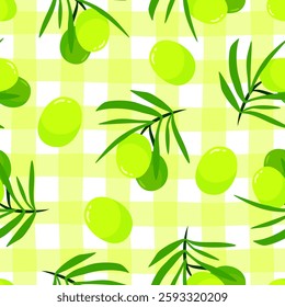 Green olives branch cartoon seamless pattern, vector illustration isolated on white background. Colorful fresh organic healthy olive oil concept. Logo branding design element. Fabric print template.