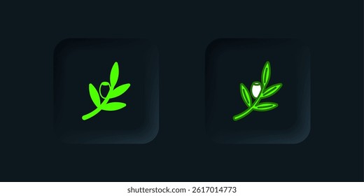 Green Olives branch icon isolated on black background. Black square button. Vector