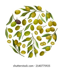 Aceitunas verdes en forma circular. Producto natural orgánico, afiche, tarjeta, diseño de fondo