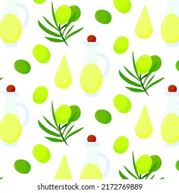 Green olives fruit branch cartoon seamless pattern, vector illustration isolated on white background. Colorful fresh organic olive oil jar concept. Logo branding design element. Fabric print template.