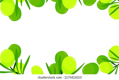 Green olives fruits and branches cartoon illustration isolated on white background. Vector colorful fresh organic healthy food concept. Logo branding banner design. Border frame.