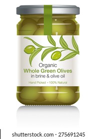 Green Olives Glass Jar with Label Design - green olives on branch with leaves on white label. Silver lid. Hand drawn with brush & ink. Vector visual illustration. Fully adjustable & scalable.