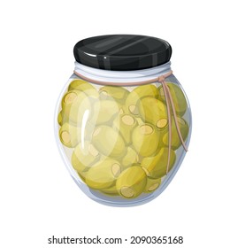 Green olives in glass jar. Vector illustration of pickled olives