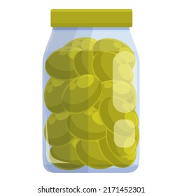 Green olives jar icon cartoon vector. Olive food. Virgin plant