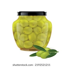 Aceitunas verdes en frasco composición realista con visión frontal de vidrio puede llenarse de aceitunas verdes ilustración vectorial