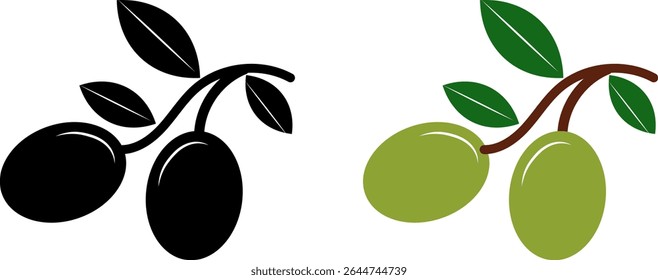 Green olives and leaves icon. healthy eating concept design. Ripe fruits of natural plants. Botanical decorative elements. Food product sketch sign
