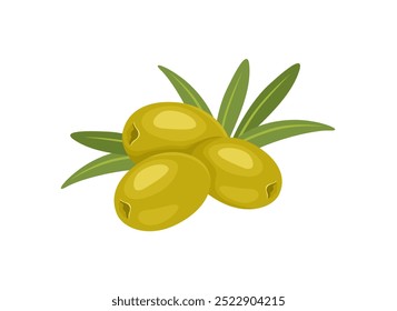 Green olives with leaves isolated on white background.Vector cartoon illustration. Food icon.