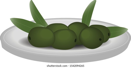 Green Olives and Leaves on a Grey Plate - Illustration Icon Isolated