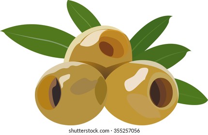 Green olives with leaves. Pitted Olives.The fruits are not only tasty, but also nutritious, thanks to the fiber structure is easily absorbed by the body.