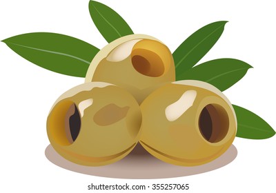Green olives with leaves. Pitted Olives.The fruits are not only tasty, but also nutritious, thanks to the fiber structure is easily absorbed by the body.