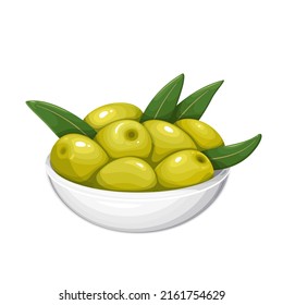 Aceitunas verdes con hojas en un ilustrador vectorial de intestino blanco.