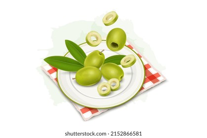 Green Olives with Olive slices vector illustration with green leaves from top the top view