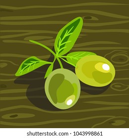 Green olives on a branch. Appetizing fruit on a green wooden table. Isolated object for the menu of the restaurant and cafe. Vector illustration

