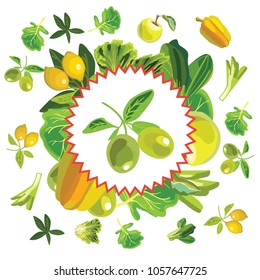 Green olives on a branch. Healthy food. Frame of vegetables and fruits. Isolated icon. Vector illustration.

