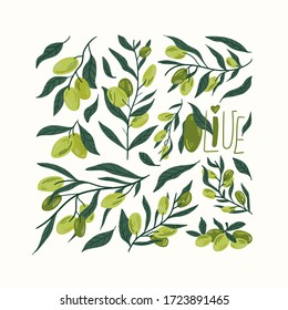 Green olives on a branch isolated on a white background. Hand draw cartoon Scandinavian nordic design style for fashion or interior or cover or textile or background.