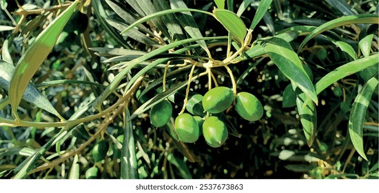 Green olives on a branch. Olives in Spain. Olive tree. Olive oil. Extra virgin.