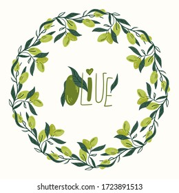 Green olives on a branch vector illustrations wreath. hand draw cartoon Scandinavian nordic design style for fashion or interior or cover or textile or background.