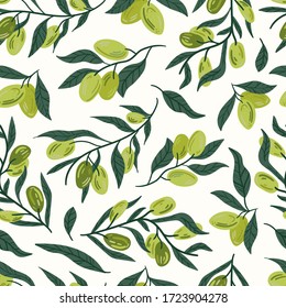 Aceitunas verdes en ilustraciones vectoriales de rama. Fondo de patrón impecable. dibujo a mano Dibujo de estilo escandinavo de diseño nórdico para la moda o interior o cubierta o textil.