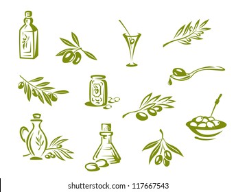 Green olives and organic oil symbols isolated on white background, such a logo template. Jpeg version also available in gallery