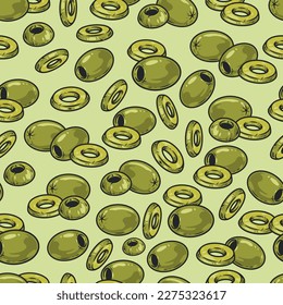 Green olives pattern seamless colorful with fruits of oilseed tree to add to salads and hot dishes vector illustration