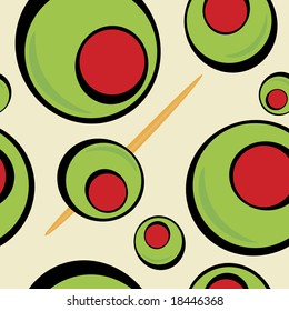 A green olives pattern that tiles seamlessly in a pattern in any direction.  Great for a martini graphic or restaurant drinks menu.