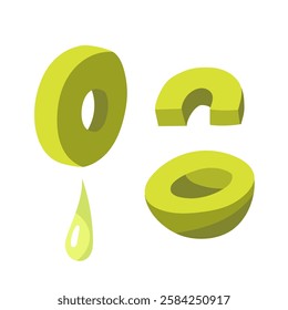 Green olives, pitted, chopped. flat illustration shows a group of olives arranged together. Addition to dishes. Isolated by white. For use on packages of olive oil and products containing olive oil