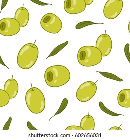 Green olives seamless pattern. Food background.