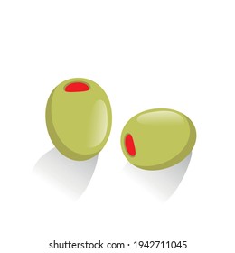 Green olives stuffed with bell peppers. Isolated on white. Pickled olives vector. Pickled olives on white background. Illustration of olive fruits. Pepper stuffed olives illustration.