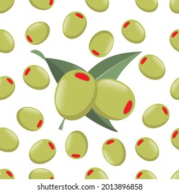 Aceitunas verdes rellenas de pimientos. Aislado en blanco. Patrón sin fisuras del vector de aceitunas de pollitas. Aceitunas con fondo blanco. Ilustración de frutas de oliva. Ilustración de aceitunas rellenas de pimienta.