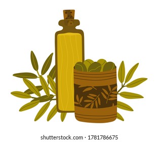 Green olives in a tin can and a bottle of olive oil. Delicious and fresh organic Mediterranean olives. Olive tree branches on the background. Greek food sale concept. Olive oil products.