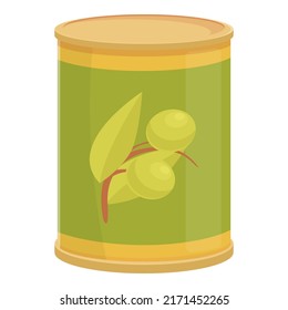 Green olives tin can icon cartoon vector. Olive food. Virgin plant