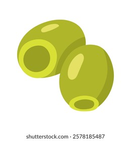 Green Olives without seeds. flat illustration of a group of olives arranged together. Additions to dishes. isolated on white. For use on packages of olive oil and all products containing olive oil.