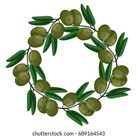 Green olives wreath Vector illustration. Natural decor of plants. Vector cartoon illustration. Green, cute. White background isolated. Flat simple design, trendy style